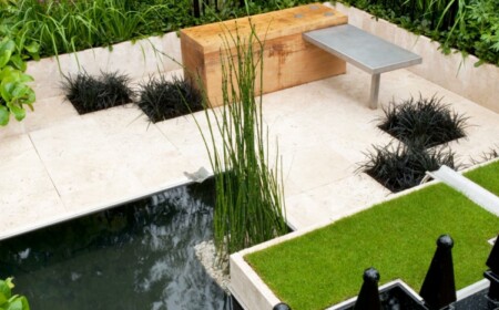 hanggarten anlegen minimalistisch design teich rasen terrasse