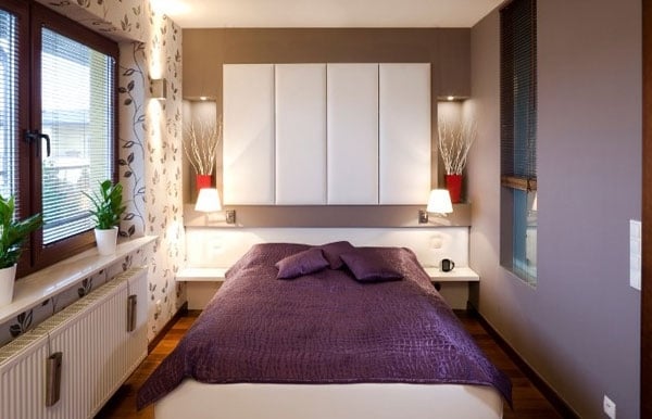 kleines schlafzimmer-einrichten Ideen lila Wohntextilien beleuchtung