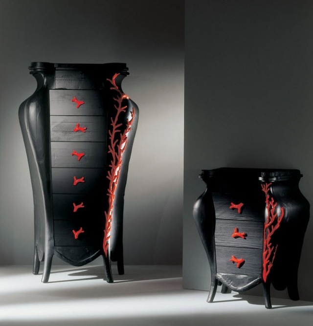 kommode ideen design holz schwarz rote griffe dekorationen boffi