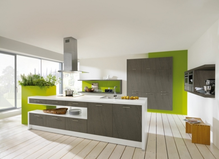küche neu gestalten grau design gruen wand akzente