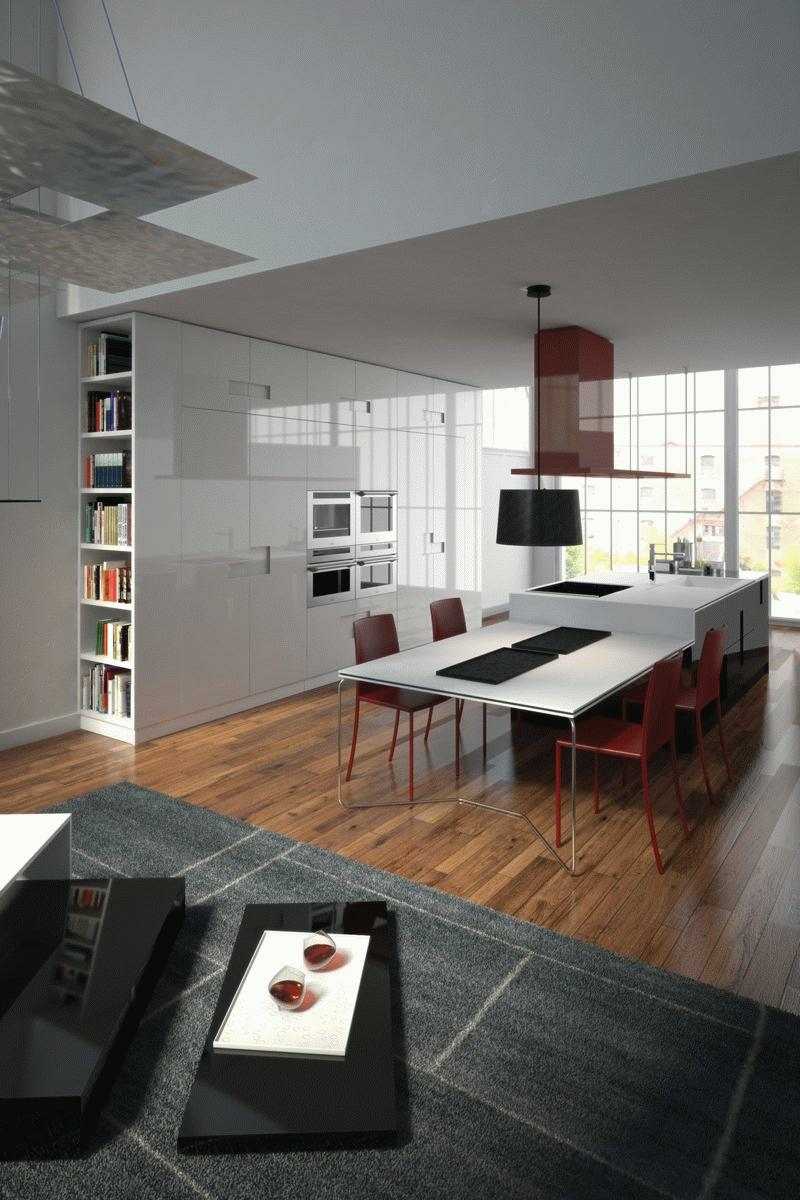 küche neu gestalten weiss minimalistisch hochglanz esstisch integriert