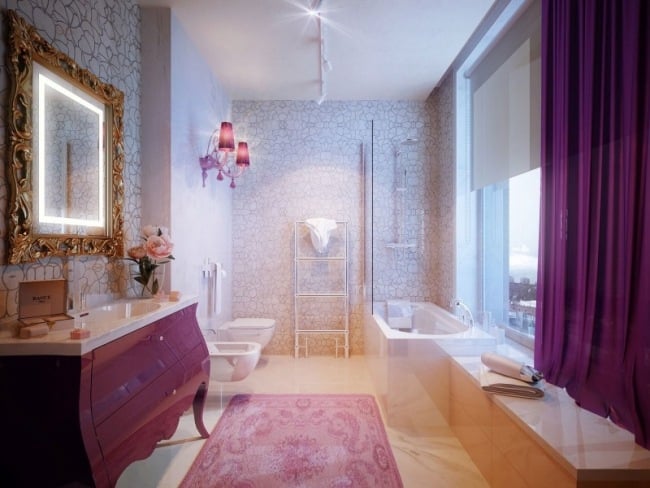 luxus badezimmer neubarock stil rosa kommode gardinen goldener wandspiegel