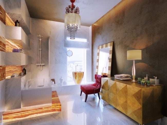 luxus bad weiß gold kronleuchter badewanne regale kommode