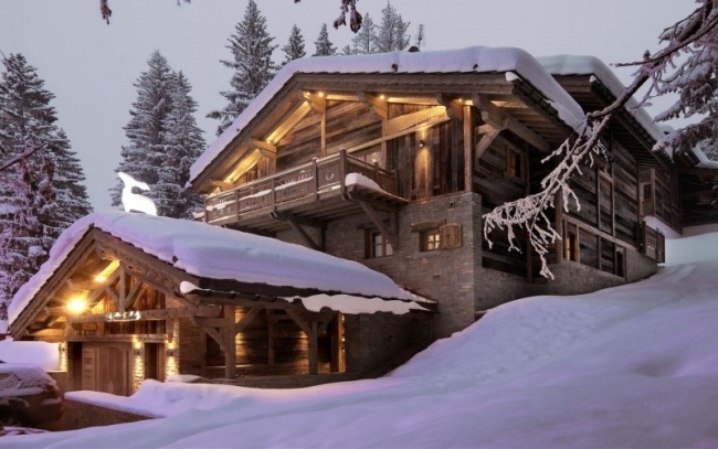 luxus ski berghütte schnee holz fassade stein