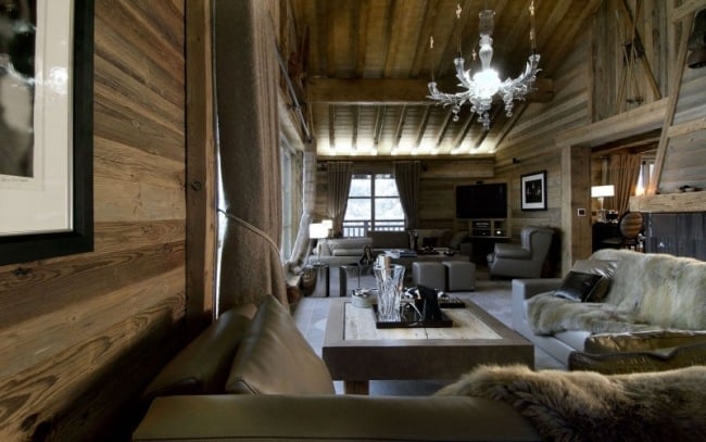 luxus skihütte innen einrichtung holz wandverkleidung pelzdecken Chalet-Grande-Roche