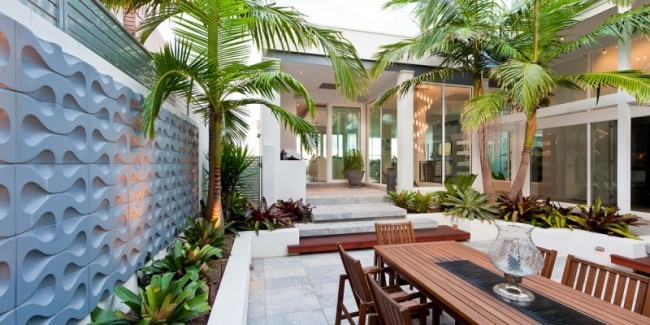moderne architektur garten innenhof sichtschutz palmen holzmöbel