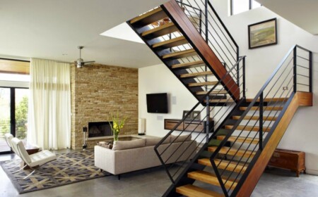 moderne designtreppen schwarz metall holz stil wohnzimmer grau fussboden