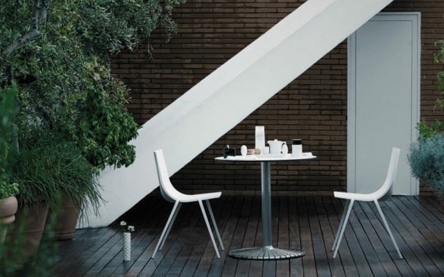 Design Ideen Gartentisch rund Metall Platte weiß