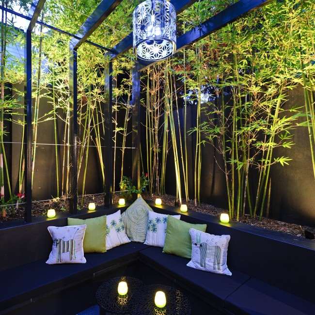 moderne landschafts terrasse garten sichtschutz bambuspflanzen kissen