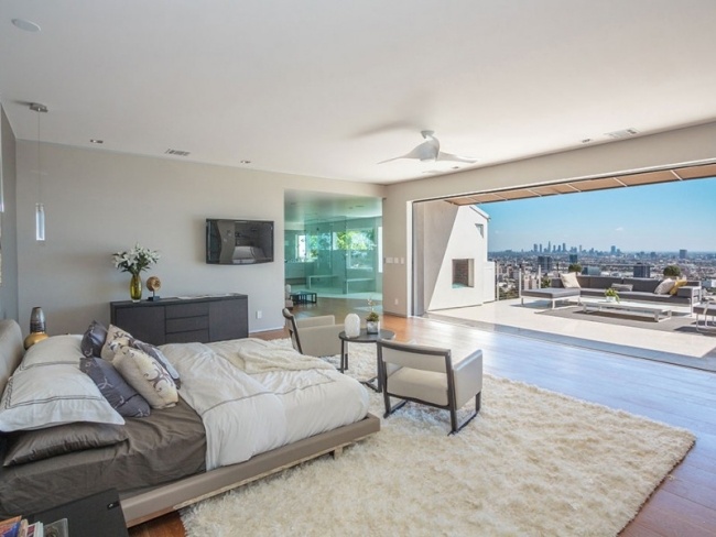 moderne schlafzimmer-einrichtungsideen designer einrichten weiss grau zugang terrasse