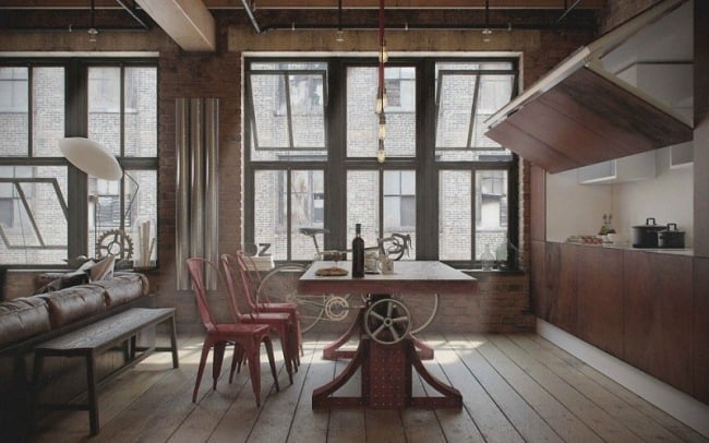 modernes appartement möbel industrieller stil holz metall Den Loft