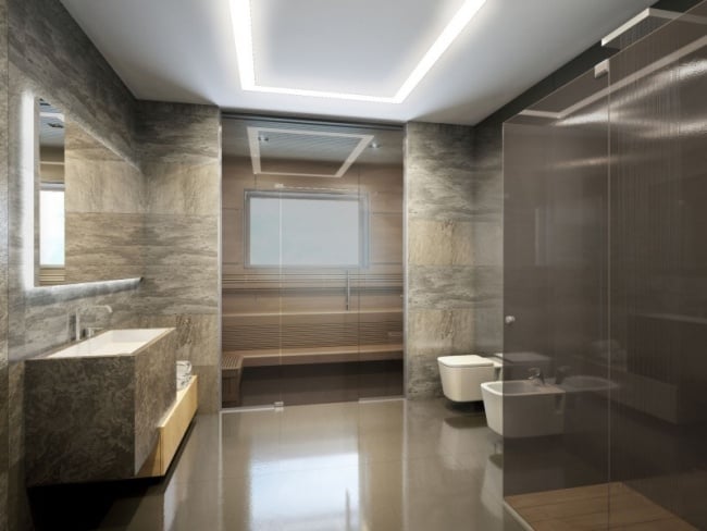 modernes bad fliesen naturstein optik sauna begehbare dusche
