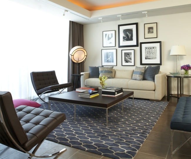 modernes wohnzimmer fotowand grauer teppich muster