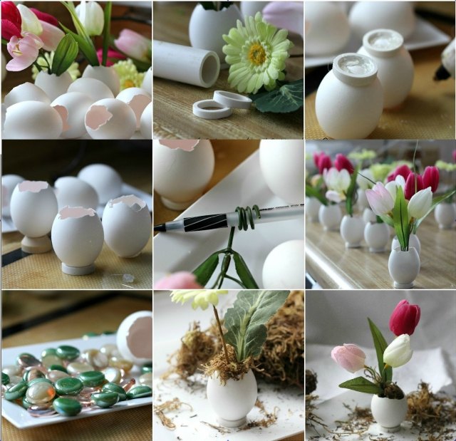 osterdeko-selber-basteln-eierbecher tulpen vase tisch