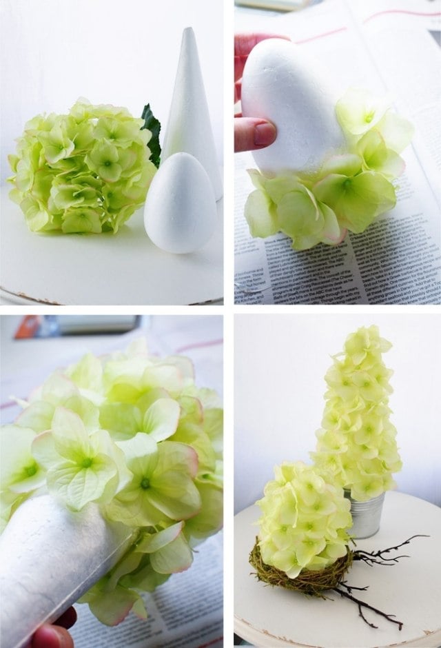 Osterdeko selber basteln idee hortensien blüten styropor formen