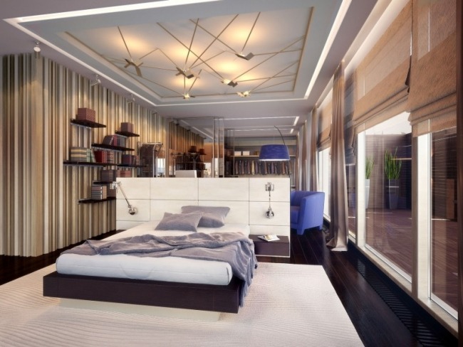 schlafzimmer-offen gestaltet deckengestaltung rollos balkon streifen wandtapete