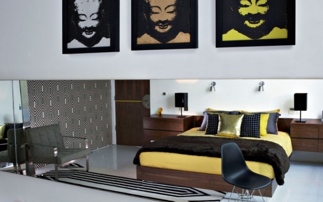 schlafzimmer-retro modern muster holz bett wand kunst bilder buddha gelb