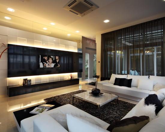 Wohnzimmer LED-Einbauleuchten schwarze Wohnwand Hochglanz