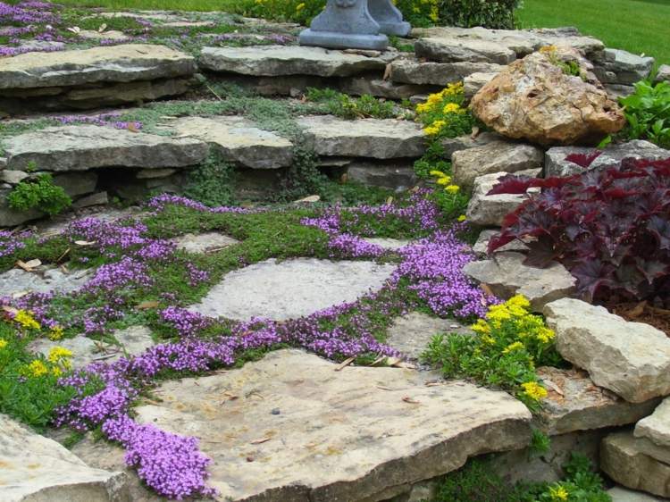 steingarten anlegen steinplatten bodendecker blumen lila gelb stufen