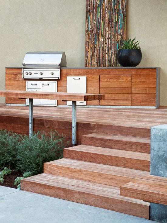 terrassengestaltung grill bereich küche holztreppen beton
