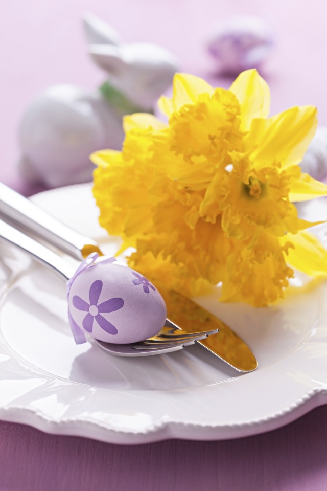 tischdeko ostern lila ei narzisse teller dekoration