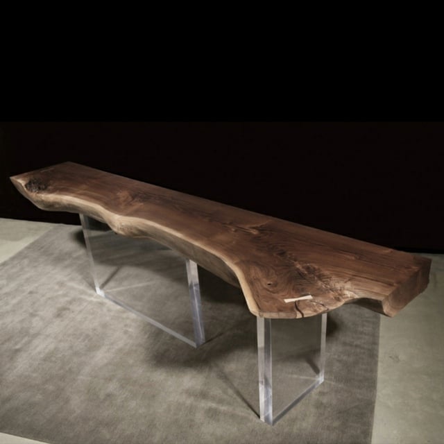 Holz Tisch Platte Baumstamm Kunststoff Tischbeine durchsichtig