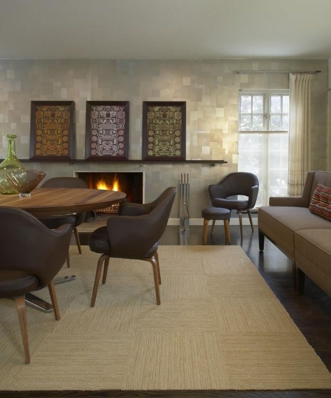 wohnbereich stilvoll modern jute teppich leder stühle