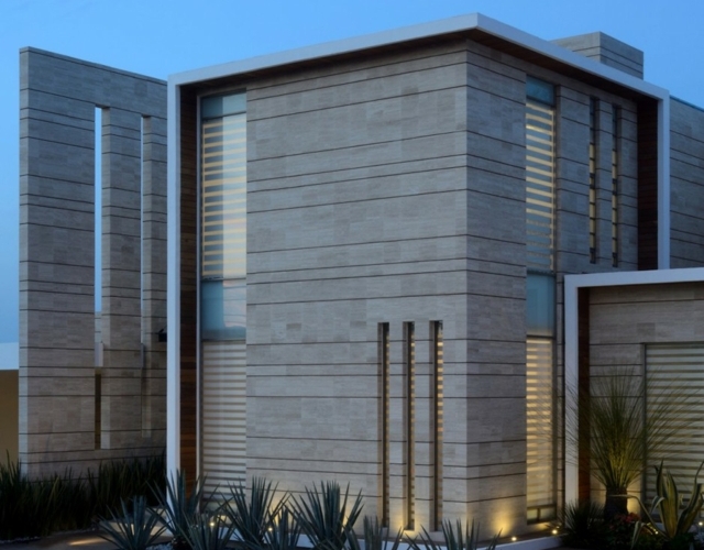 Haus Eingang kreativ gestalten Steingarten anlegen modernes minimalistisches Haus zwei Stockwerke