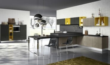 Küchen Gestaltung Trends 2014 gelbe Farbakzente dunkelgraue Schranktüren