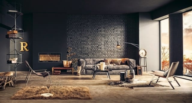 Lounge Wohnzimmer-Möbel Ledersofa Bodenbelag schwarze-wand design ideen