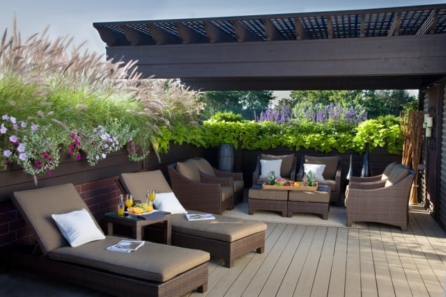 Terrasse mit Holz-verkleiden Überdachung preiswert Sichtschutz ideen-Kübelpflanzen