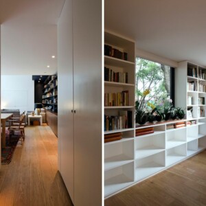 Wohnzimmer weiße Wandregal Fenster Leseecke gemütlich bequem Einfamilienhaus Einrichtung