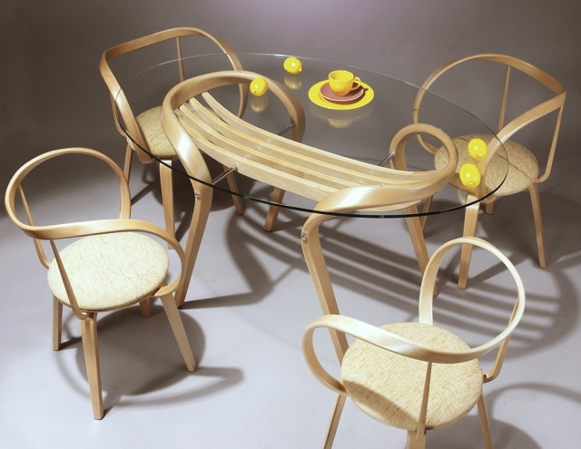 essmöbel modern design glasplatte gebogenes holz stühle