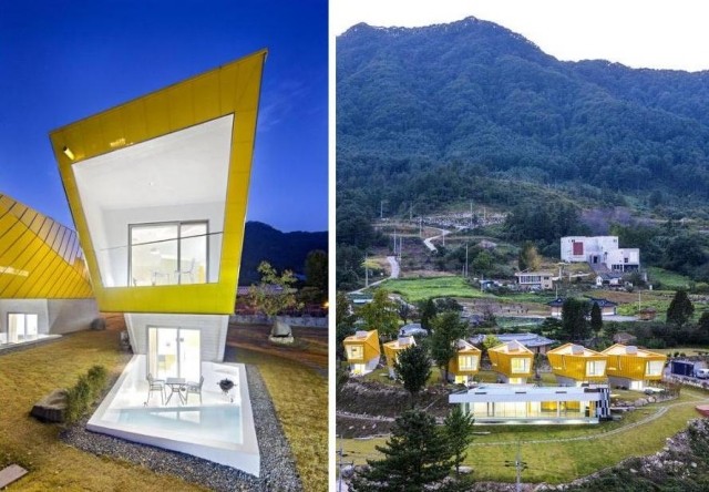 ferienhäuser in hanglage gelbe-wandpaneele verkleidet balkone