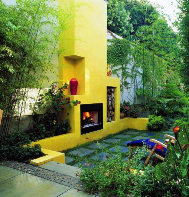 Ideen für die Feuerstelle draußen gelb holzfach blumen regale