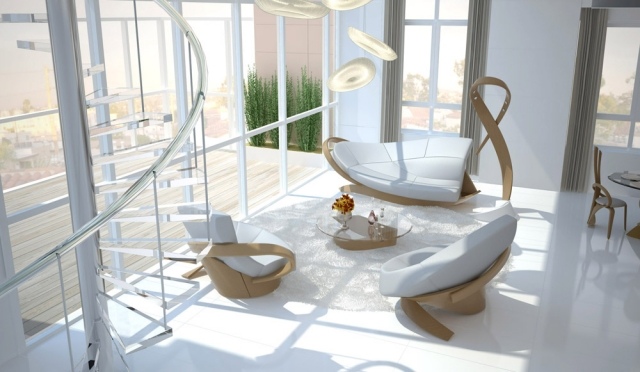 Design-Möbel aus Holz wohnzimmer weiß helles holz verglasung
