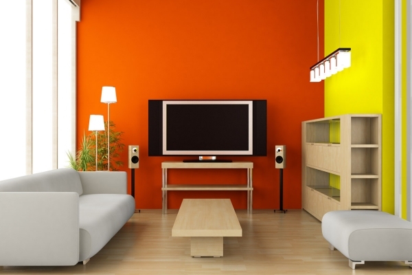 wohnzimmer design-gestaltung mit farben wände rot-gelb
