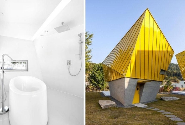 minimalistisches bad design Ferienhaus-Anlage gelb-Obergeschoss auskragend