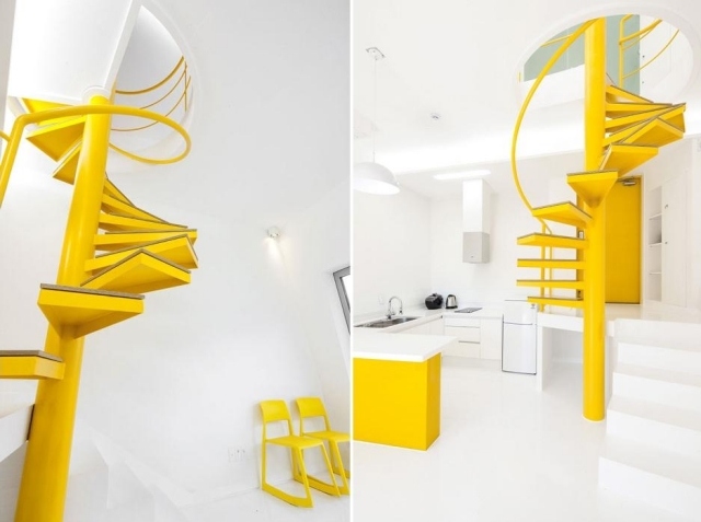 spindeltreppe-design gelb puristisches-interior modern