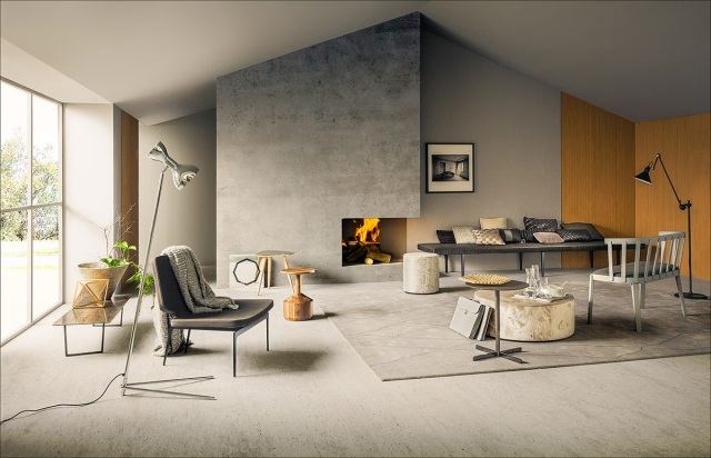 minimalistischer wohnraum indoor-kaminofen verglasung sitzbank 