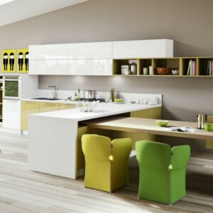 moderne Küchen Gestaltung Ideen Essplatz Holz gelb grüne Barstühle Kochinsel