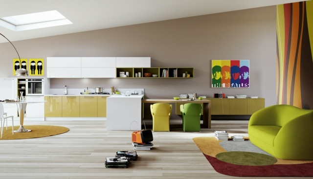 Gestaltung grün gelb weiße Hochglanz Küchenfronten lackiert
