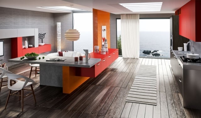 2014 rot orange grau Kochinsel graue Farbe große Ablagefläche Arbeitsplatte
