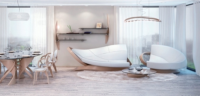 design möbel holz wohnzimmer offen essbereich regale pendelleuchte