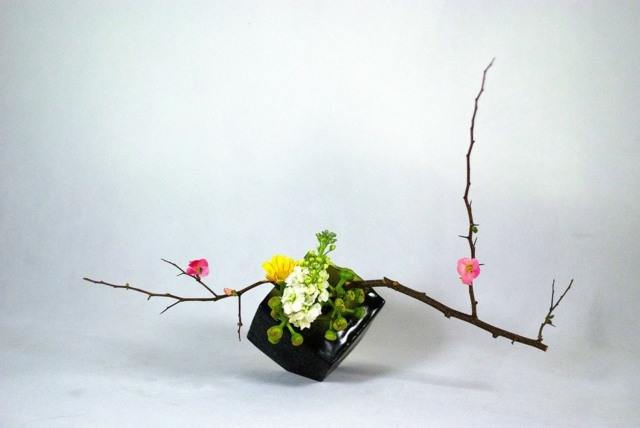 Kunst Ikebana Aussicht oben Baumzweige Blumen