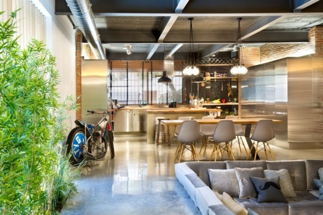 moderne loftwohnung wohnküche edelstahl holz bambuspflanzen