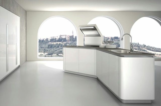 weiße Küche Sinuosa Design Ideen Kochinsel Herd ausziehbare Abzugshaube