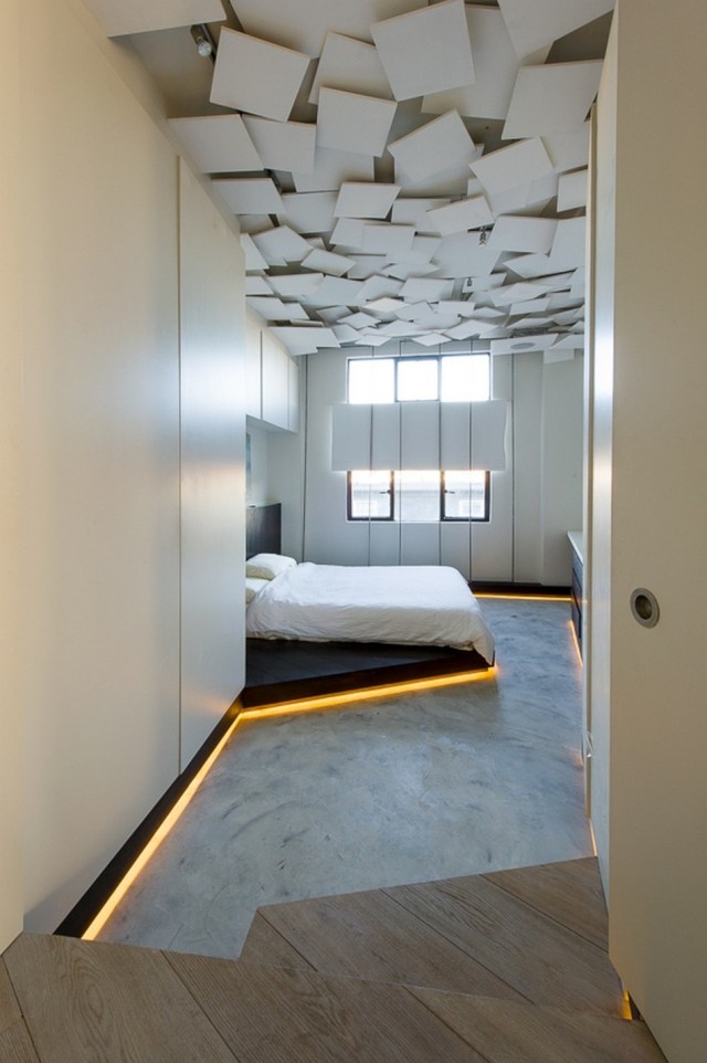 modernes schlafzimmer bett deckengestaltung led beleuchtung