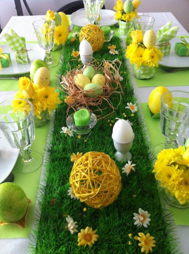 tischdeko grün gelb frühling gelbe chrysanthemen eier