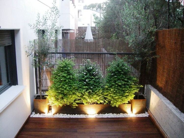 Sichtschutz für Balkon bambusmatten-gehoelze-olivenbaume-weisser-kies-bodenleuchten